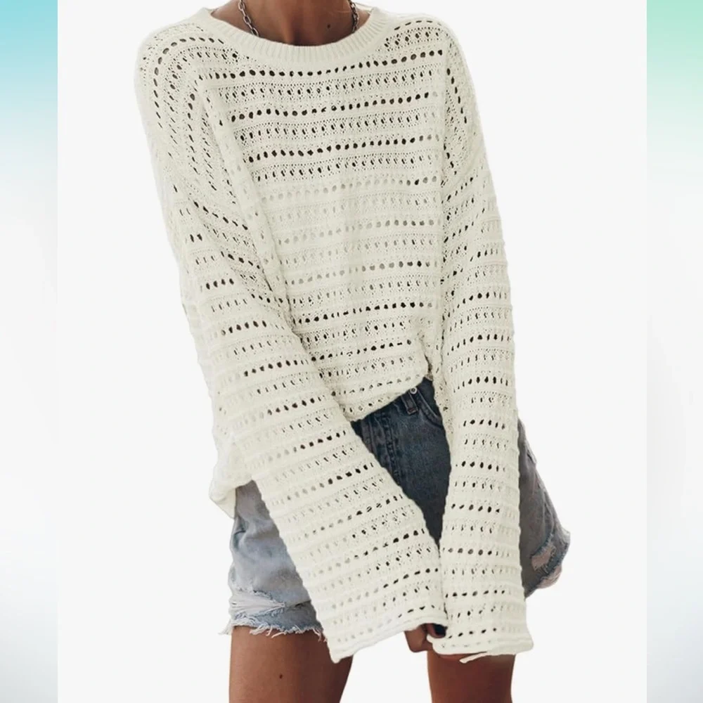 White Crochet Sweater Open Weave Cozy Cotton Blend Bell Sleeves Amazon NWOT - Picture 4 of 8